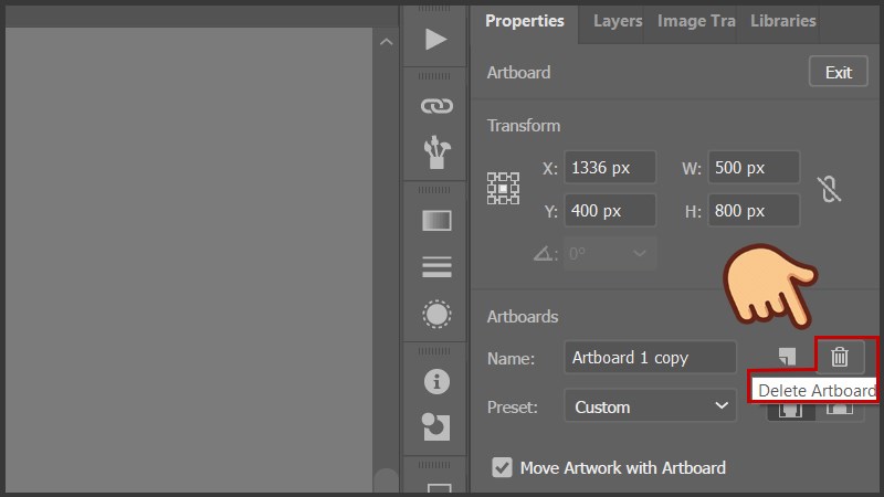 Nhấn biểu tượng thùng rác Delete Artboard hoặc nhấn phím Delete trên bàn phím