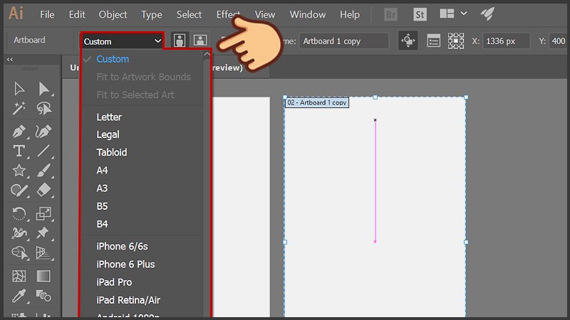 Nhấn vào mục Custom ở thanh công cụ phía trên và chọn kích thước có sẵn
