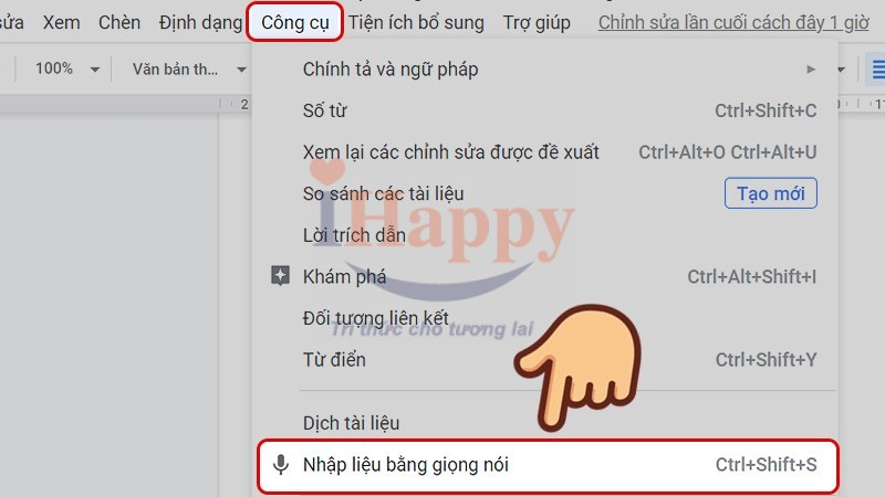 Nhấn vào Công cụ (Tool) và chọn Nhập liệu bằng giọng nói (Voice typing)