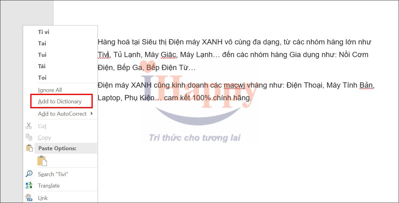 Tắt kiểm tra lỗi chính tả cho một từ của Microsoft Word