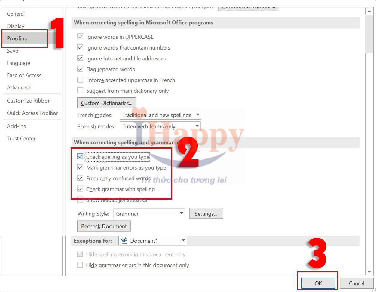 Chọn Proofing > Bỏ đánh dấu các mục cần thiết