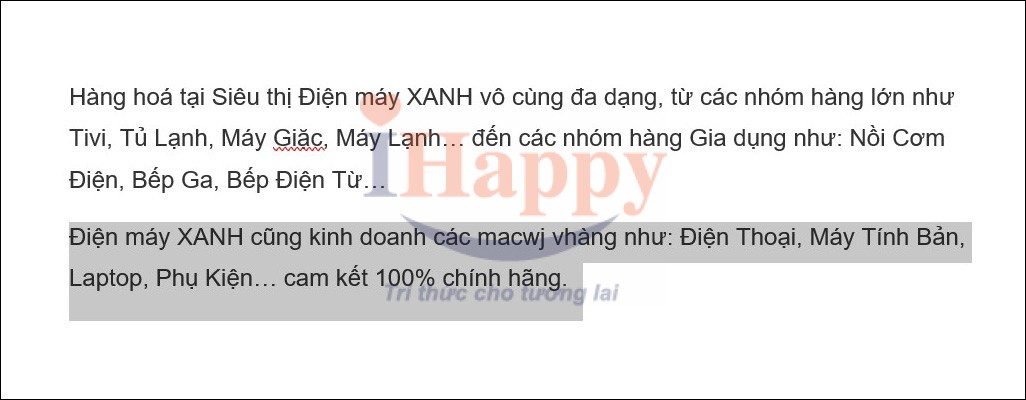 Kết quả tắt kiểm tra lỗi chính tả ở một đoạn văn bản
