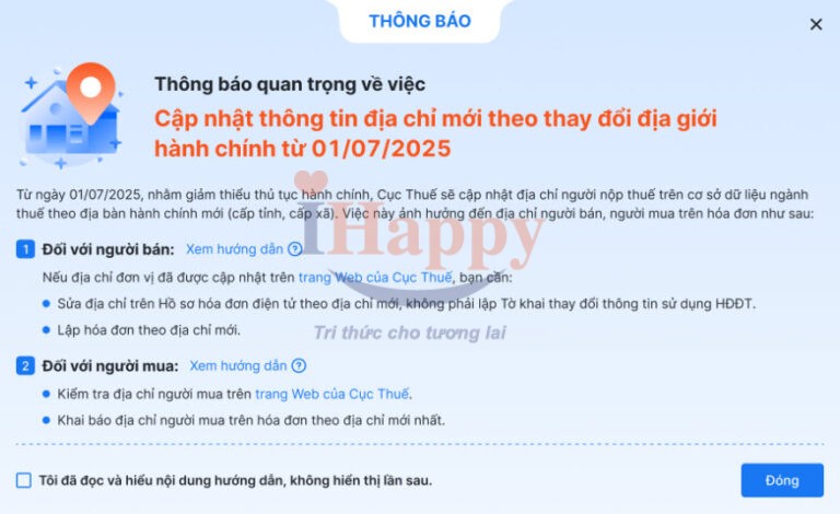 cảnh báo cập nhật địa chỉ trên MISA meInvoice