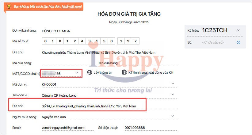 kiểm tra lại địa chỉ hóa đơn